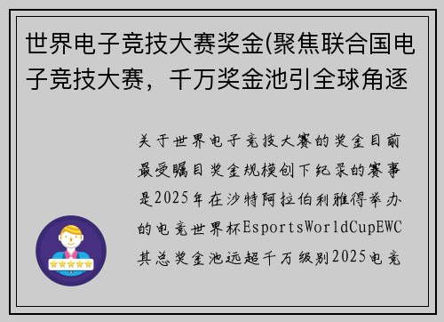 世界电子竞技大赛奖金(聚焦联合国电子竞技大赛，千万奖金池引全球角逐)